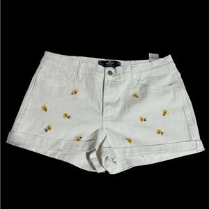 Hollister White and Yellow Jean Shorts with Embroidered Details